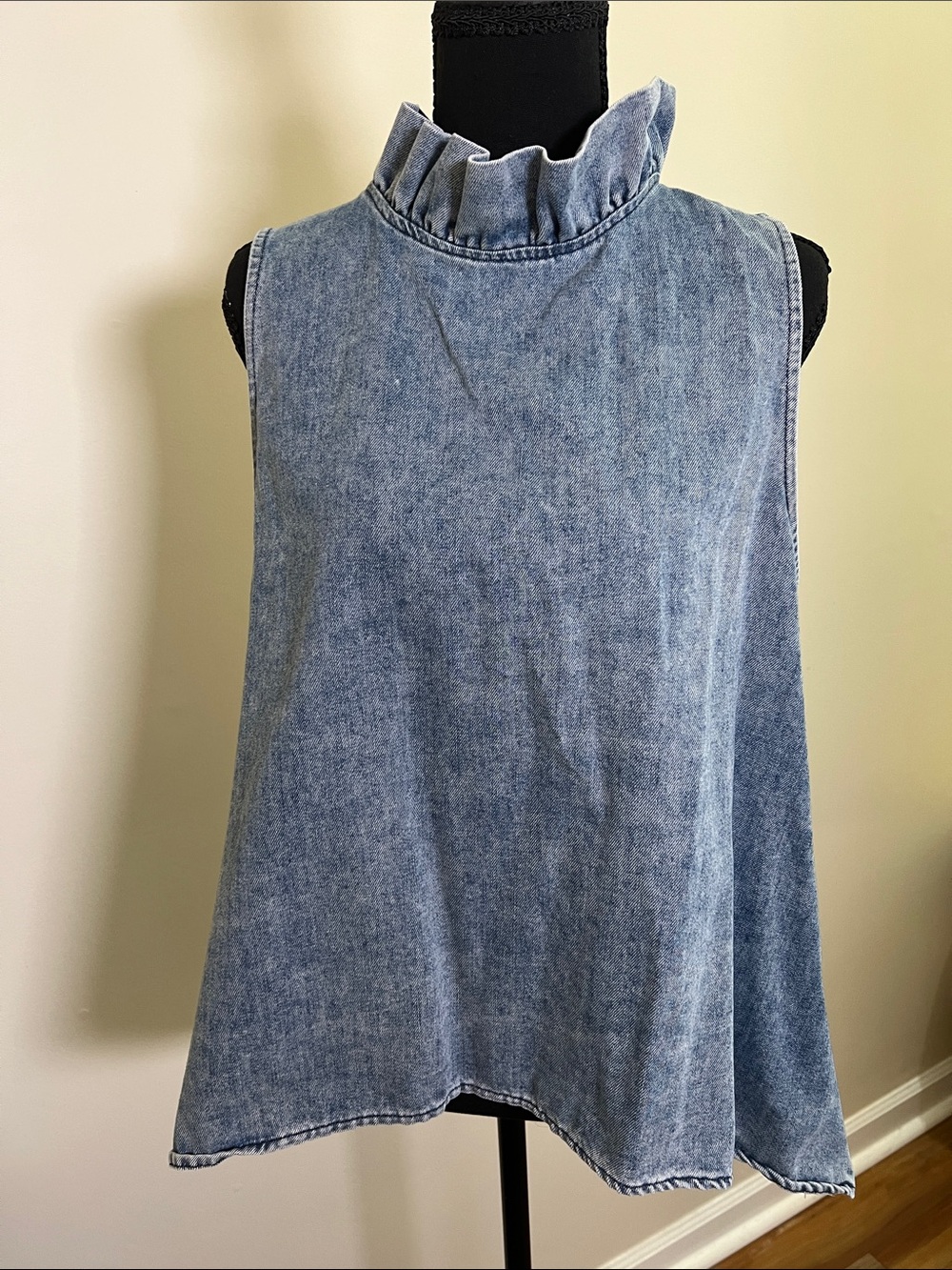 Mazik Light Blue Denim Ruffle Mock-Neck Tank